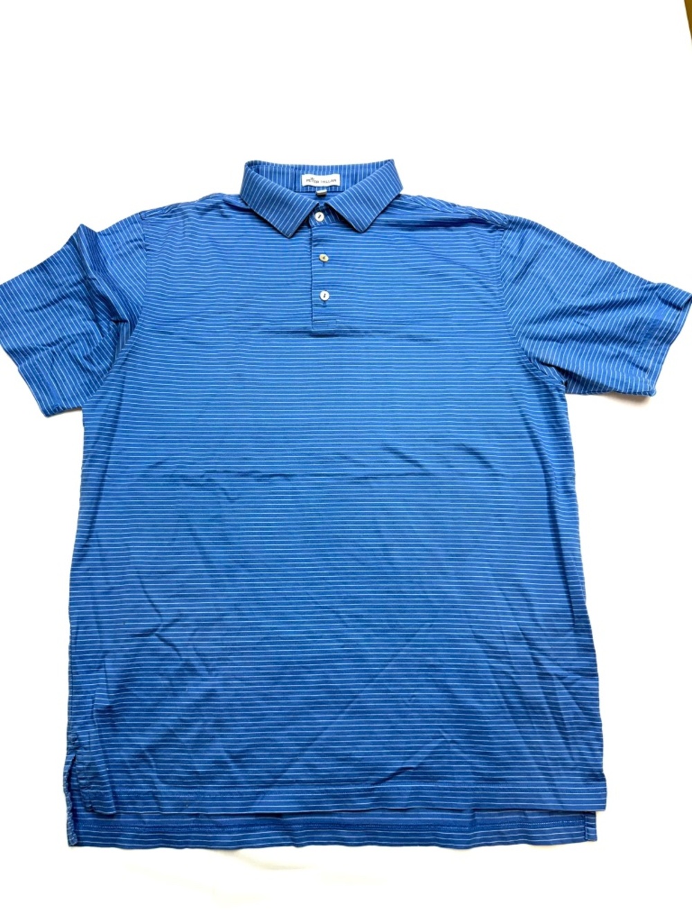 PETER MILLAR Mens Large Blue White Stripe Short Sleeve 100% Cotton Polo Shirt